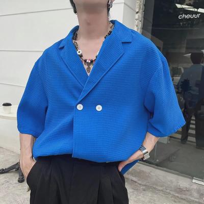 Men's Stylish V-Neck Waffle Collar Shirt - Short Sleeved & Loose Fit
