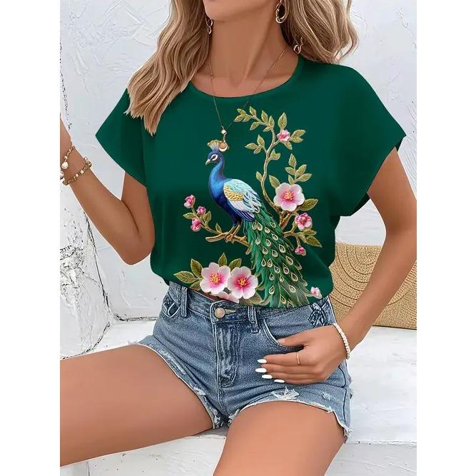 

Летний топ с круглым вырезом, с цветочным узором и бабочками, с 3D-принтом, модная повседневная женская футболка с коротким рукавом S
