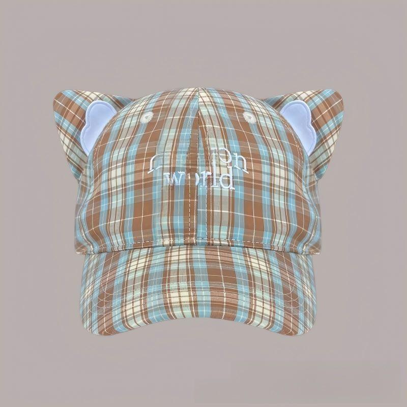 

Cotton Checkered Cat Ear Embroidered Baseball Cap With Sun Protection For Women синій