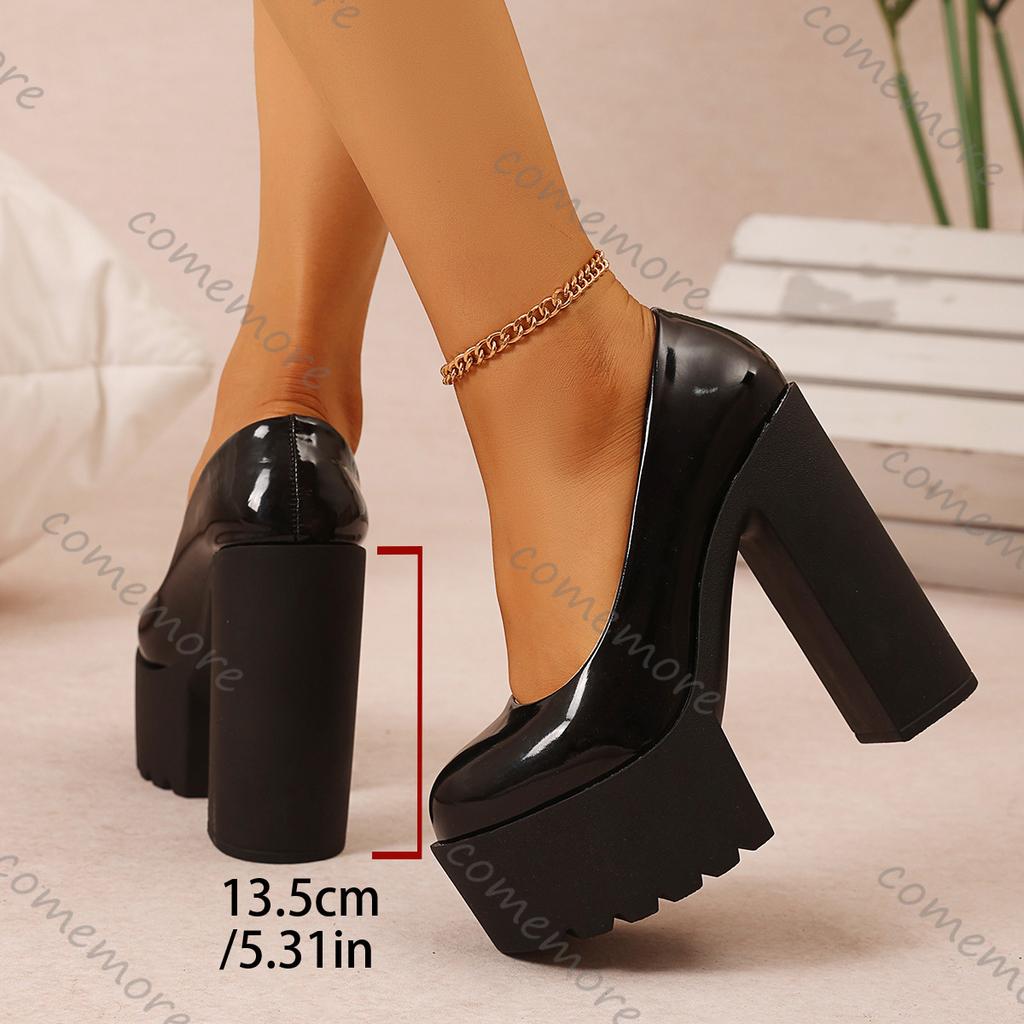 Comemore 2025 New Spring Autumn Super High Heel Women Shoes Sexy Patent Leather Round Head Pumps Platform Thick Heeled Shoes