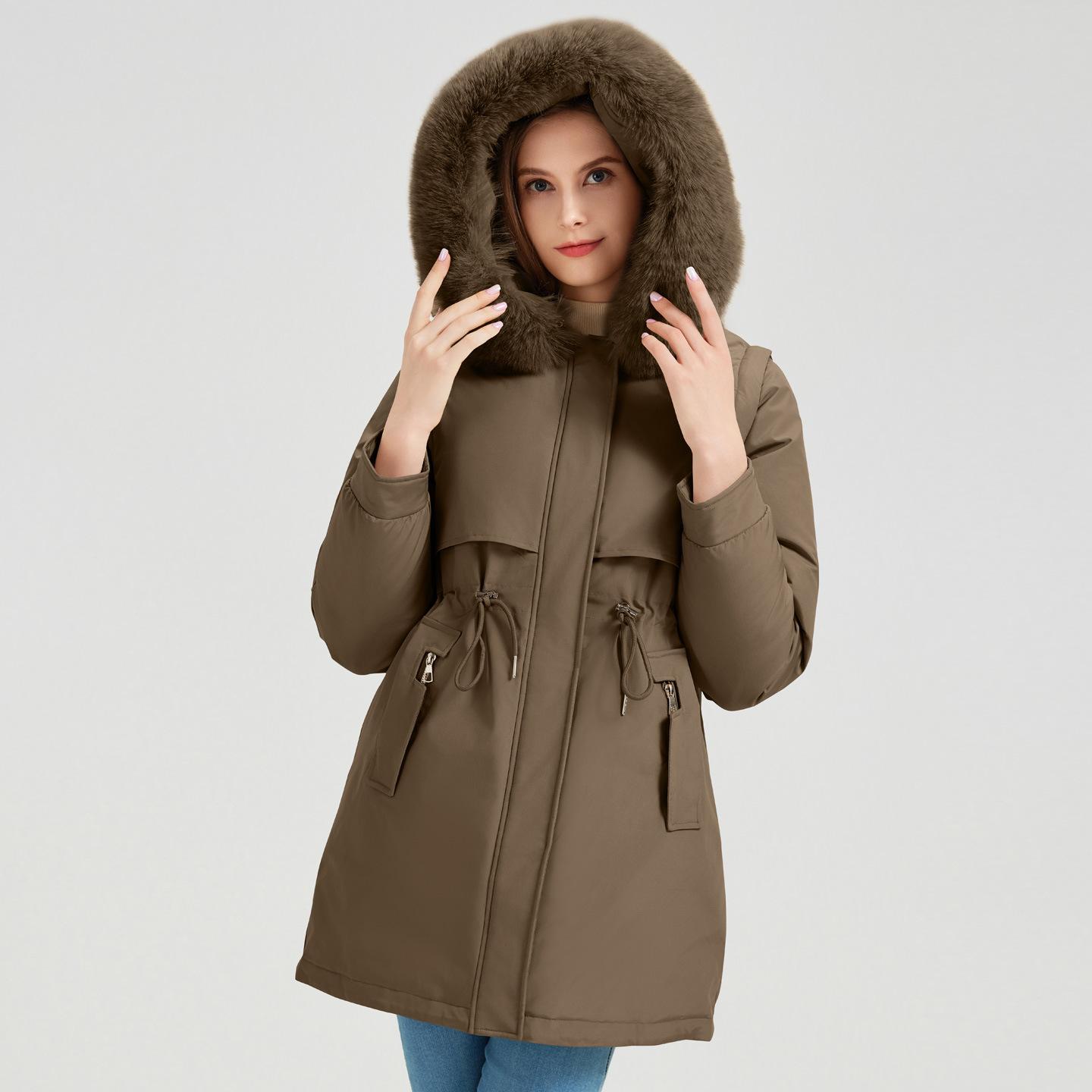 

Съемные рукава Большой меховой воротник Средней длины Внутри с бархатом Парки Женское хлопковое пальто XXXL кофейный