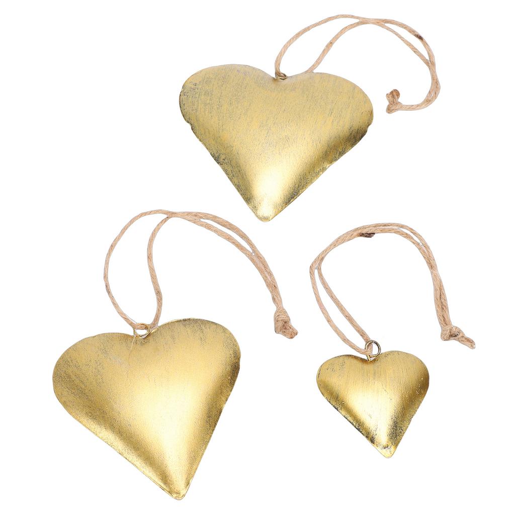 3Pcs Heart Shaped Decorative   3D Metal Brass Vintage Hanging Ornament Valentine Day Decoration Wall Art with Rope for Home Indoor Outdoor