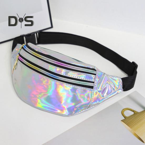 Iridescent Midjeväska Glitter Bältesväska Vattentät Magväska Konstläder Bum Bag med 3 Fickor för Resor Fest Strand Musikfestival