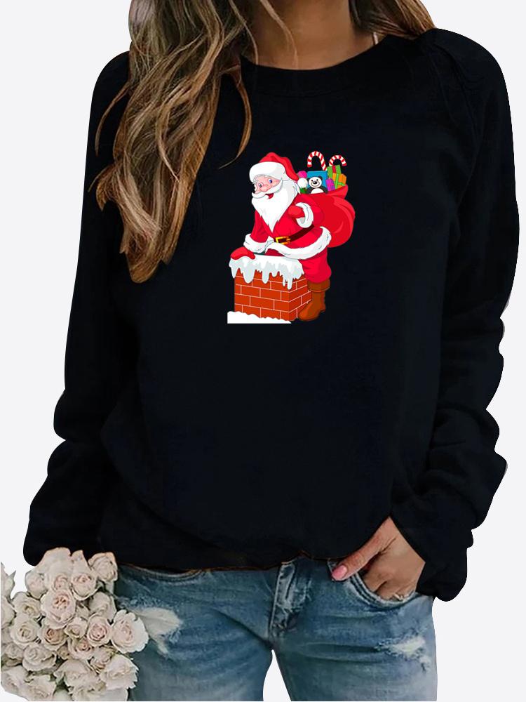 Zimowa damska Casual z długimi rękawami, nadrukiem Świętego Mikołaja, damska, wokół szyi, luźna koszulka, topy w dużych rozmiarach, sweter z długim rękawem