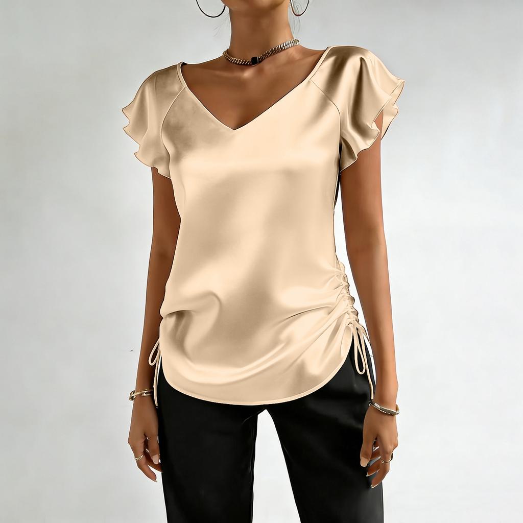 Kurzarmblusen für Damen V-Ausschnitt Satin Raffung Design Elegante Damen-Kurzarmblusen und Damen-Kurzarmtops für den täglichen Gebrauch