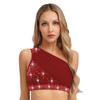 Women's Lyrical Dance Crop Top S-XXL: One Shoulder Ruched Mesh Overlay Rhinestone Design for Modern Dance Performance