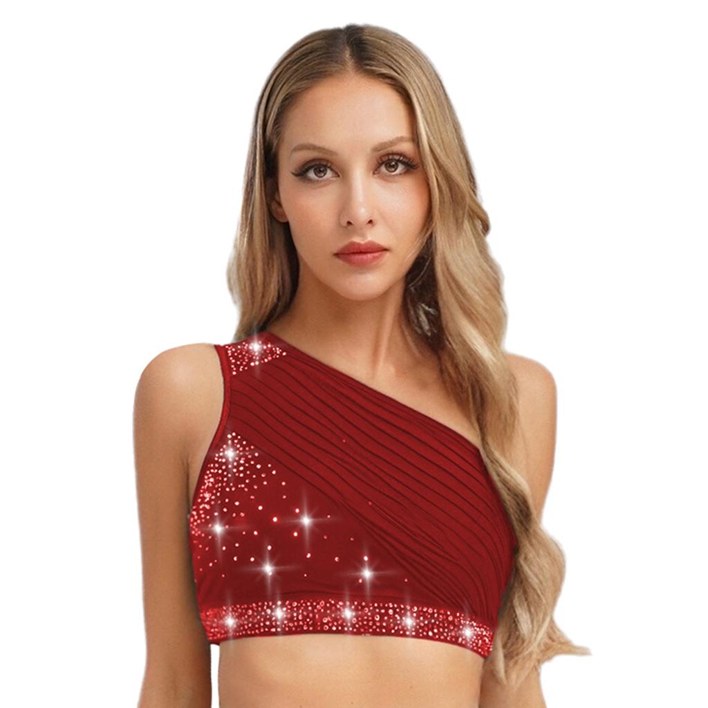 Women's Lyrical Dance Crop Top S-XXL: One Shoulder Ruched Mesh Overlay Rhinestone Design for Modern Dance Performance