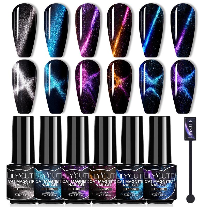 LILY'CUTE Barevná sada gelových laků Cat Eye 7barevná Laserový Flash Diamantový Cat Eye Nail Gel Kit
