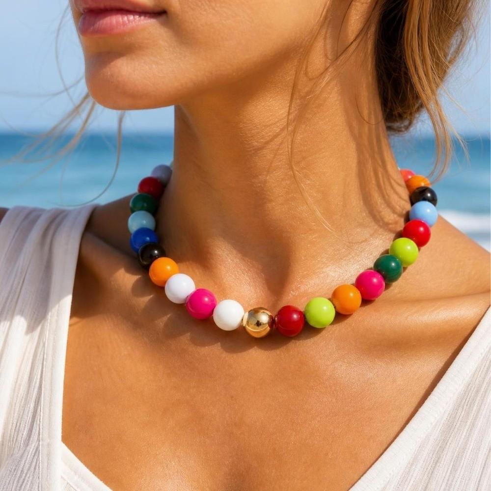 Round Bead Necklace 16MM Beads Bohemian Necklace Trendy Bead Choker for Women