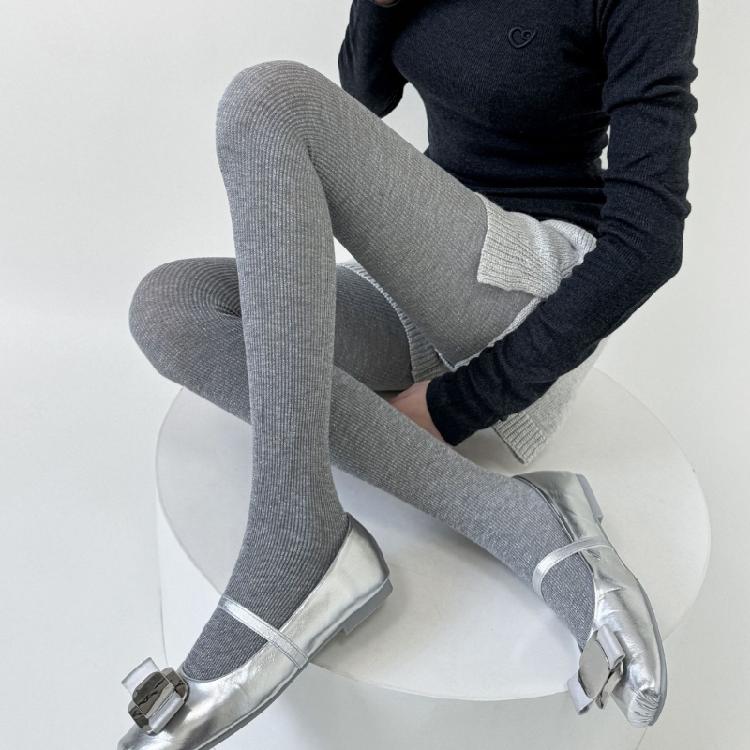 Women Vintage Shimmering Ribbed Striped Opaque Pantyhose 90s Winter Fall Basic Bottoming Tights Stockings Leggings