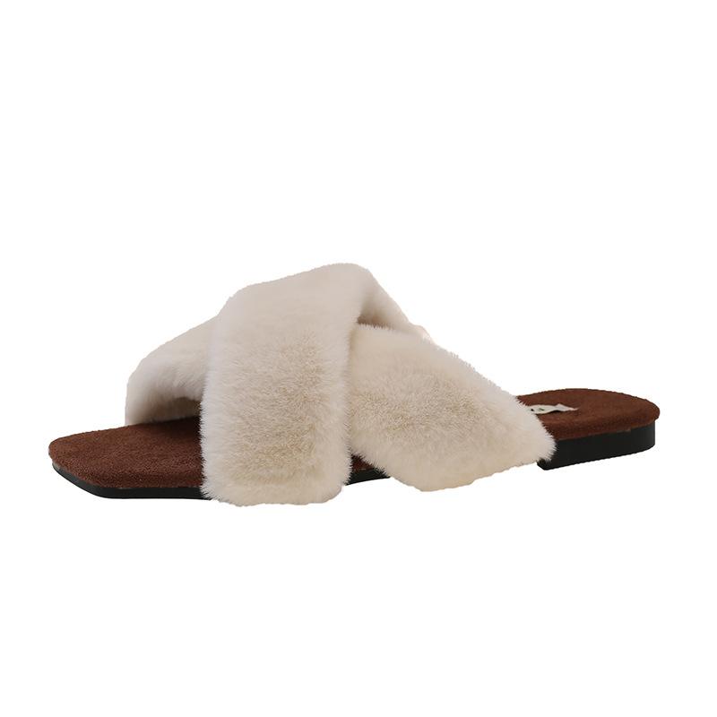 New Retro Cross-haired Outer Slippers Spring and Autumn Casual Versatile Gentle Leopard Print Flat-bottomed Hairy Slippers