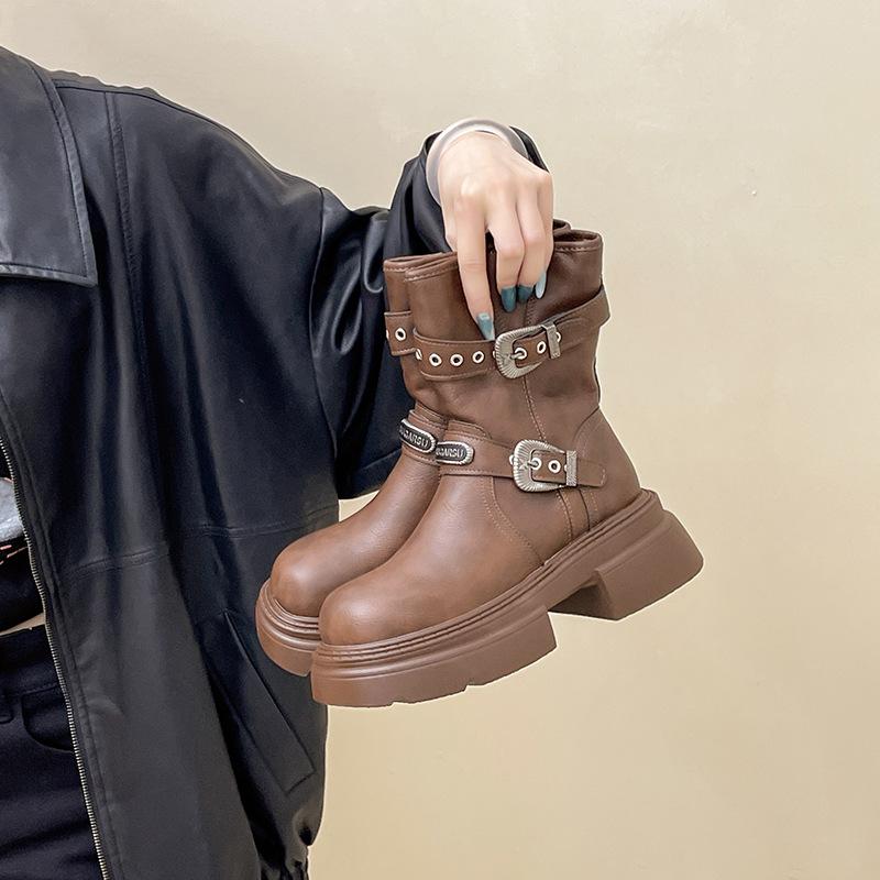 

Retro heightening leather boots women s autumn and winter French design belt buckle knight boots Maillard short boots European and American fashion 40 коричневый
