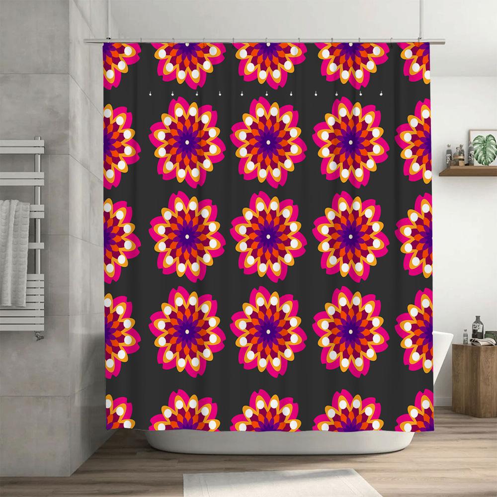 Creative Mandala Shower Curtain Pink Yellow Floral Pattern Fabric Shower Curtain Set for Bathroom Decor, Polyester Waterproof Sh