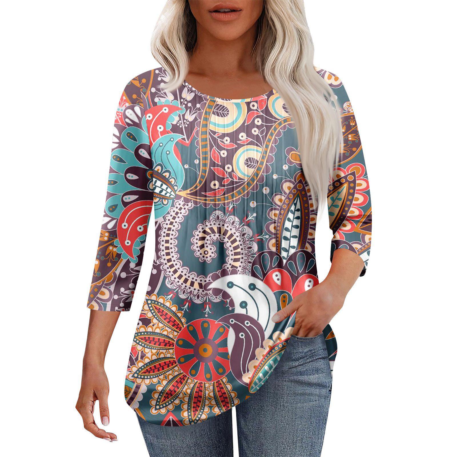 

Женская модная повседневная плиссированная футболка с круглым вырезом и принтом для отдыха с рукавом семь четвертей XL тёмно-синий