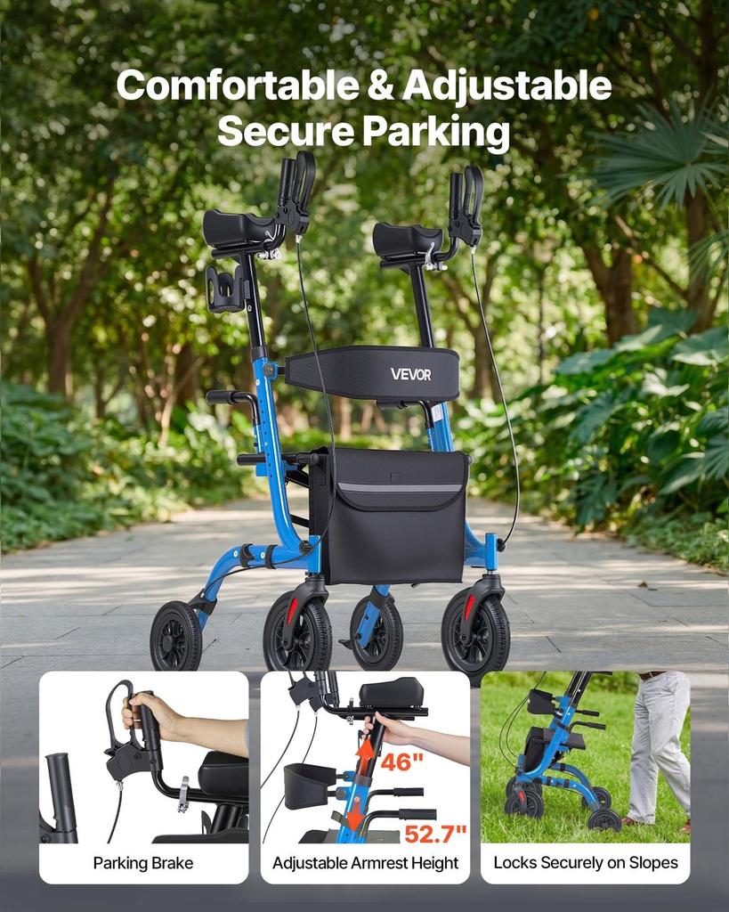 Rollator Walker with Seat for Seniors, Foldable Rolling Walker, Lightweight Aluminum Mobility Walking Aid with PU Solid Wheels, Adjustable Handle,