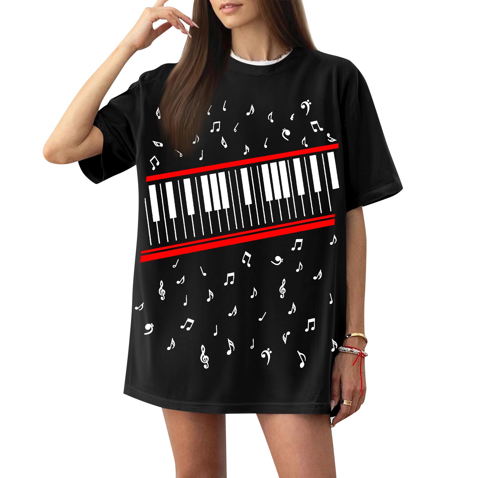 

Women Casual Short Sleeve T Shirt Loose Fit Crew Neck Top with Music Note and Piano Key Print Lightweight Summer Tee L чёрный