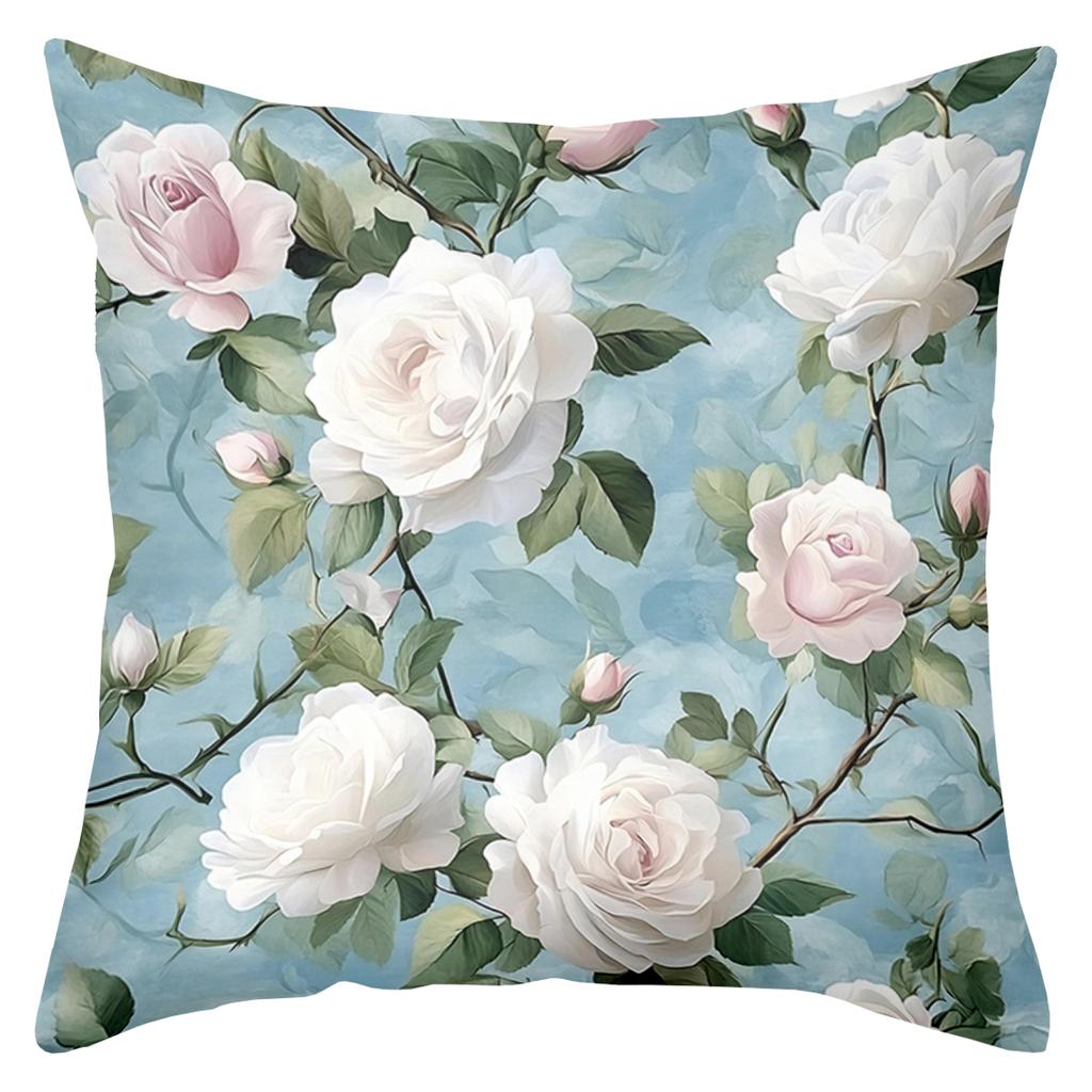 1 pieces -2D flat printing Blue Floral Rose Patterned Decorative Throw Pillows Polyester pillowcase, sofa decorative cushion cov