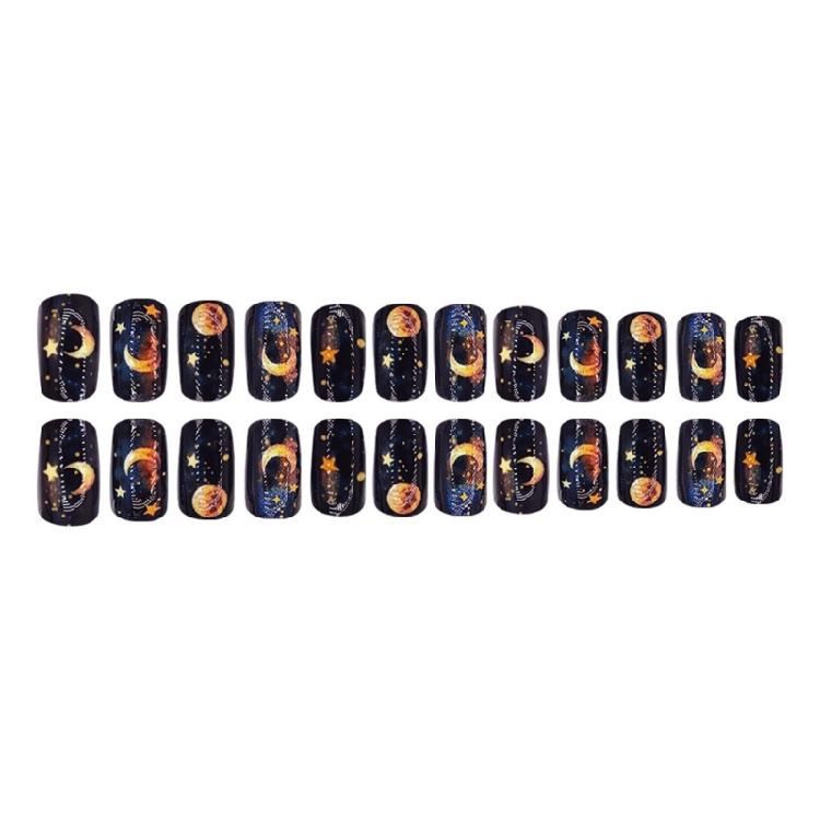 24 Pieces Medium Square False Nail Acrylic Artificial Nail Glossy Full Cover Stick On with Moon Star Designs for Parties