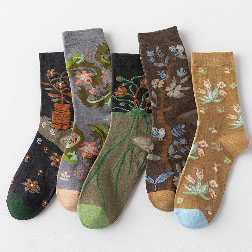 Flower Girls Mid-calf Socks Thin Retro Style Sock Women Fashion Floral Tube Socks Female