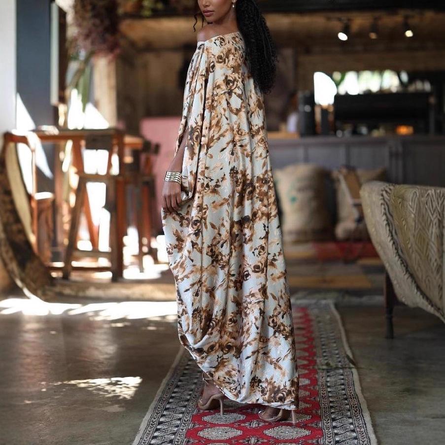  American Women's Fashion 2025 Summer New Off-Shoulder Floral Loose Long Pleated Slit Sleeve Dress