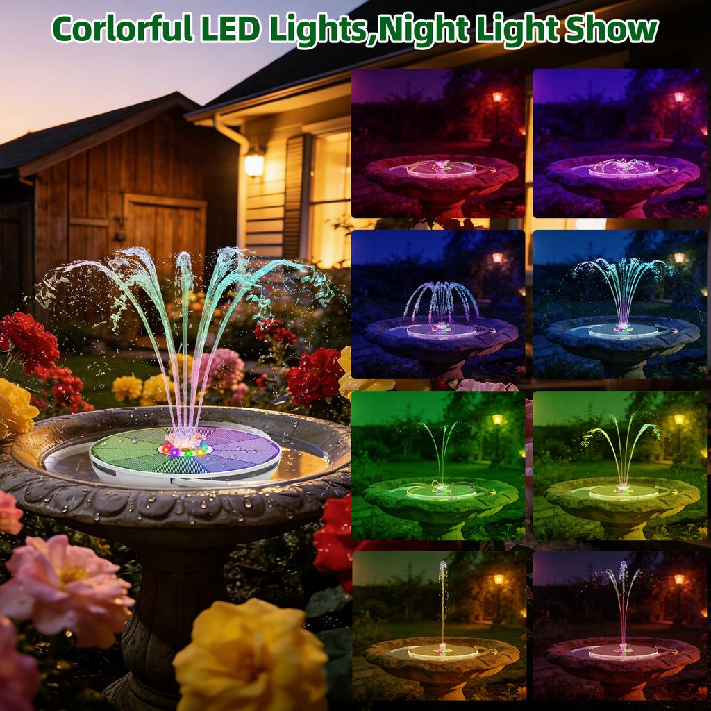 6.5W Solar Water Fountain with LED Colorful Lights & 3000mAh Battery, DIY Solar Bird Bath Fountain Pump, For Bird Bath Garden