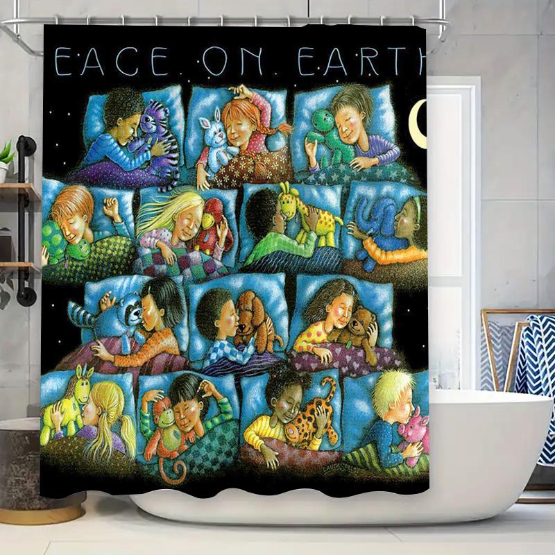 Cozy Kids Sleep Shower Curtain Multicolored Illustration Featuring Children With Pets In Bed For A Calming Nursery Ambiance (36X