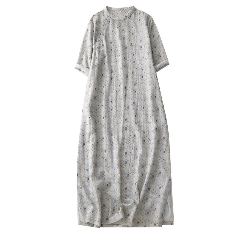 2025 Summer Stand-up Collar Five-quarter Sleeve Printed Cotton and Linen Dress Women's Retro Zen Improved Cheongsam