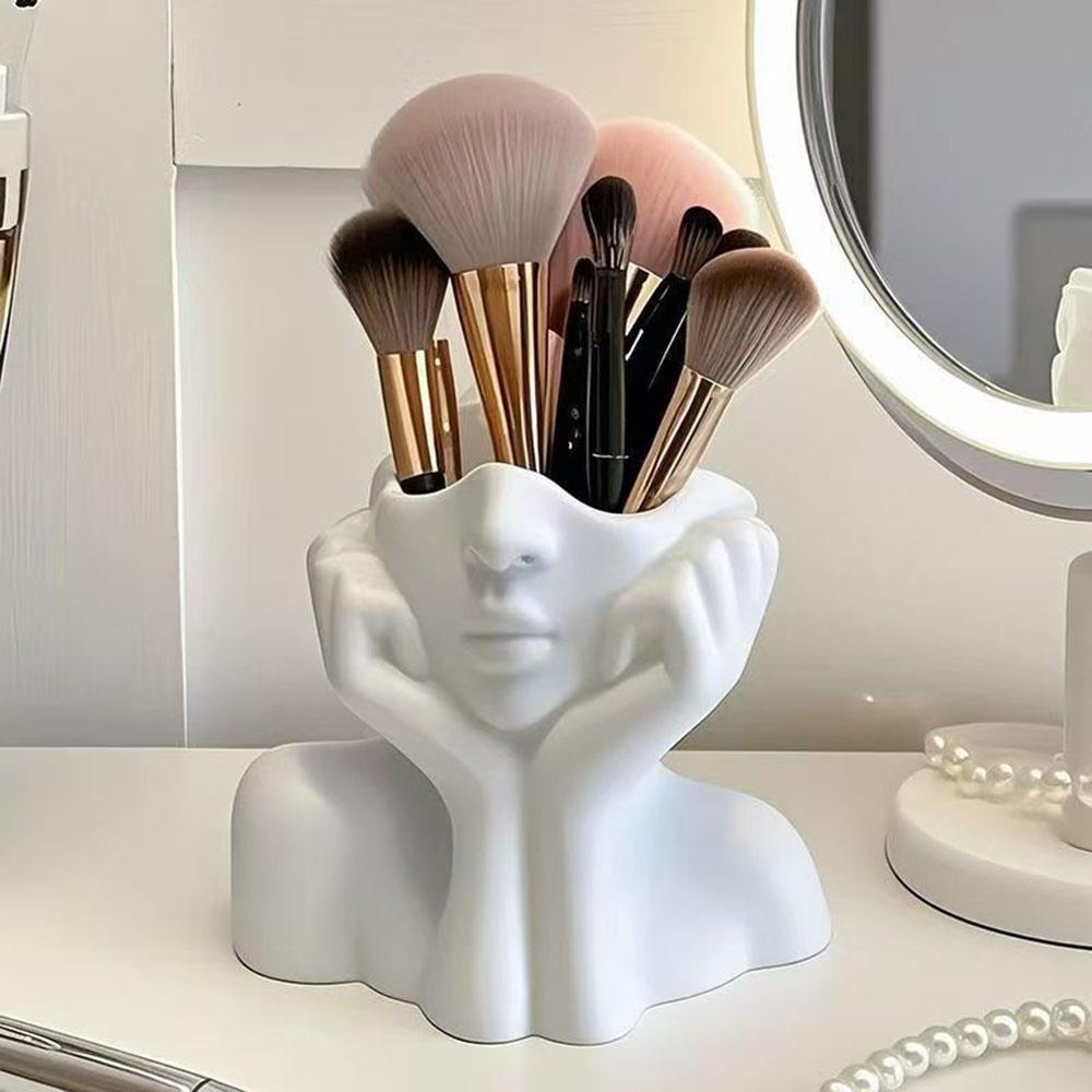 Face Shape Makeup Brush Holder Modern Nordic Flower Vases Makeup Storage Box Half Face Portrait Decor For Home Office Book Shelf