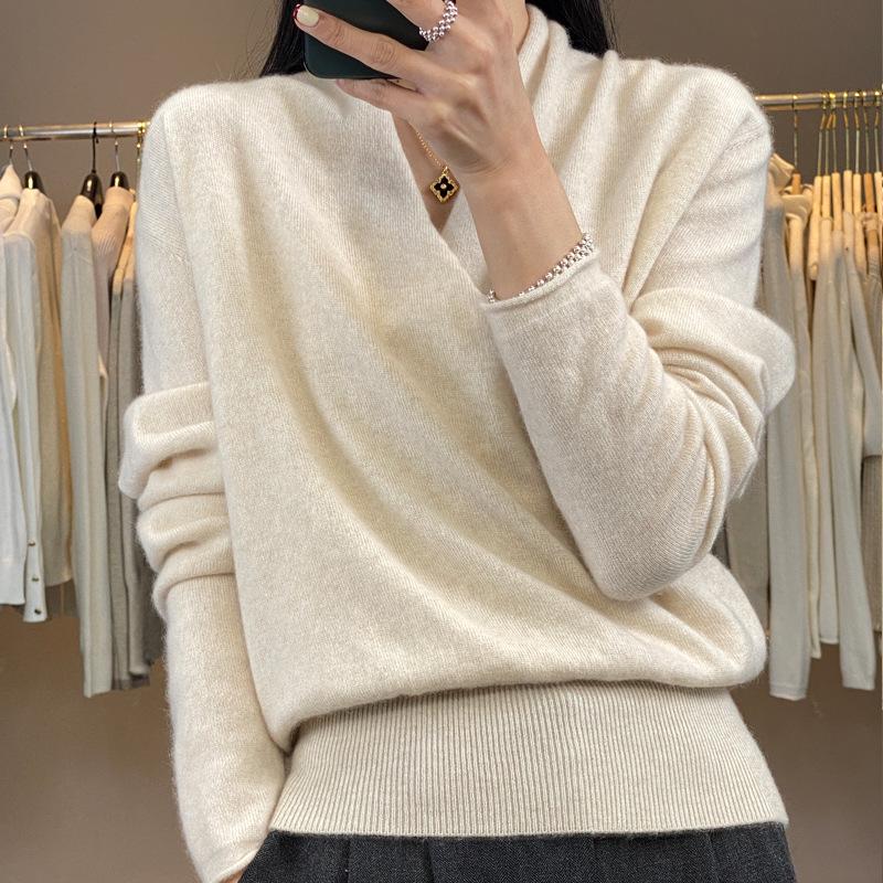 Women's 100% Pure Wool V-Neck Loose Pullover Sweater - Long Sleeve Knit Top for Autumn/Winter