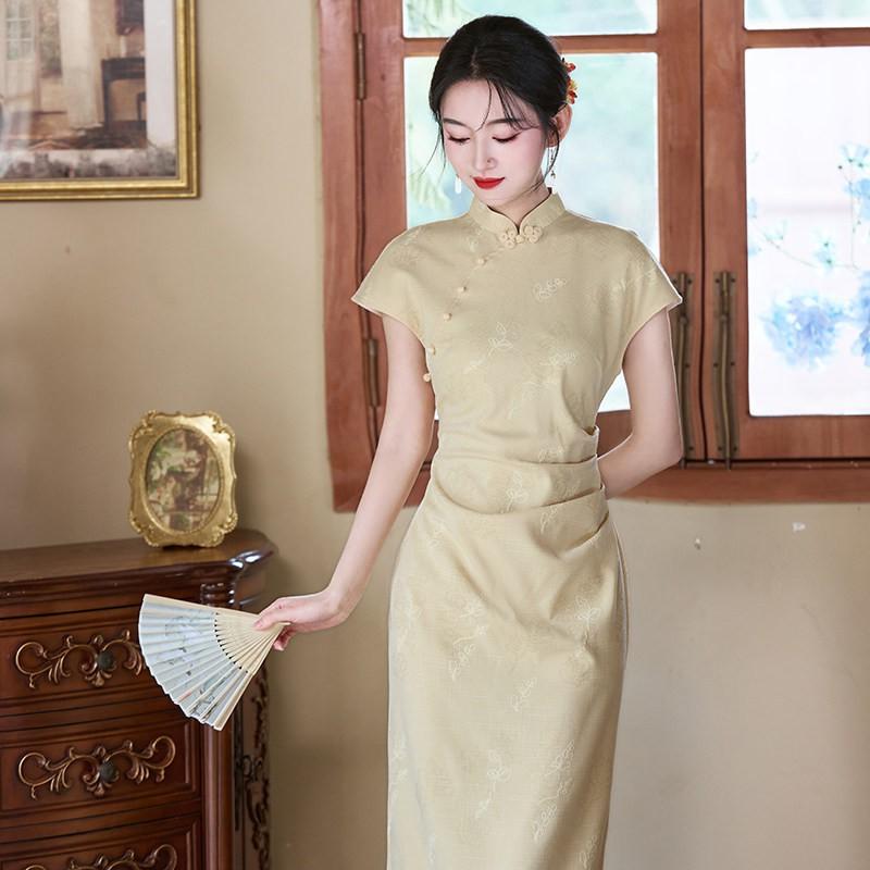 Yellow Modern Chinese Style Long Cheongsam Dress Women 2026 Vintage Short Sleeve High Waist Elegant Evening Gown