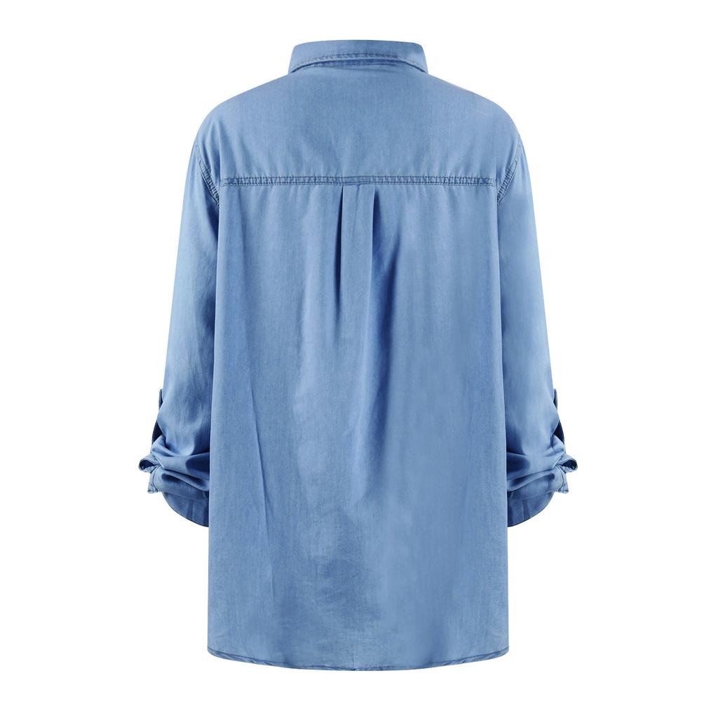 Women Button Down Denim Shirts Casual Long Sleeve V Neck Chambray Blouse Top