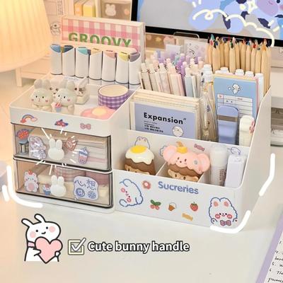 Desktop Cosmetic Storage Box Organizer Drawer Office Storage Rack Stationery Organizer Pen Holder Bunny Drawer Organizer Cute