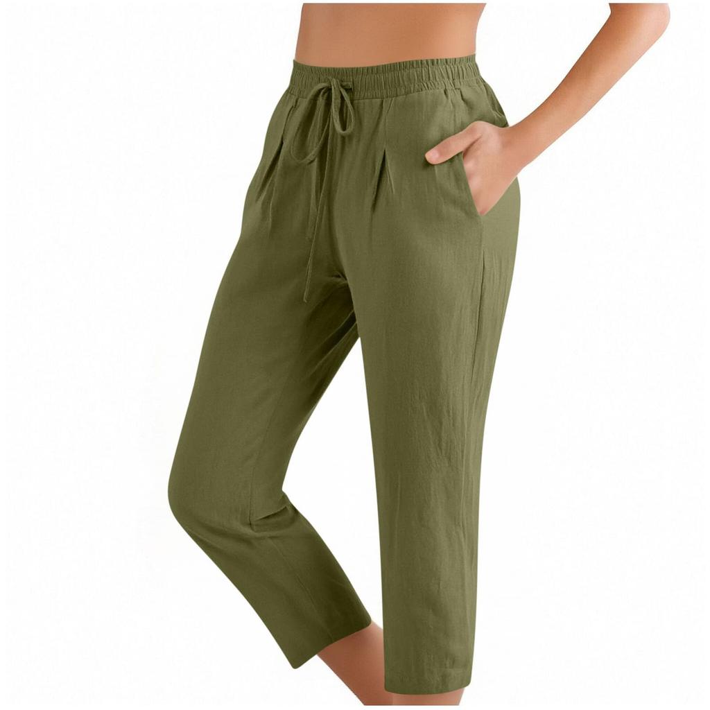 Women Casual Cotton Linen Drawstring Elastic Waist Straight Leg Pants