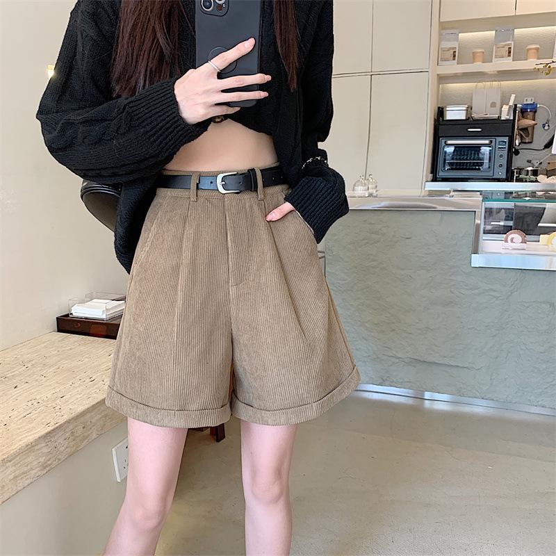 Corduroy Cuffed Straight Leg Shorts for Women - Autumn/Winter Loose Slimming Wide Leg Casual Pants
