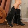 Autumn and Winter Women Pointed Toe Fringes Thick Heel High Boots Plus Size Fashion Retro Rivet Belt Buckle Zipper Mid-Calf Boot