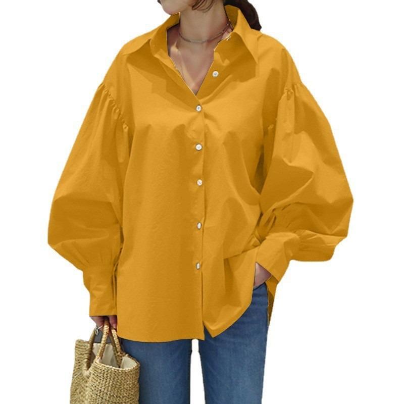 Women Solid Color Button Down Shirt Lantern Sleeve Loose Casual Blouse