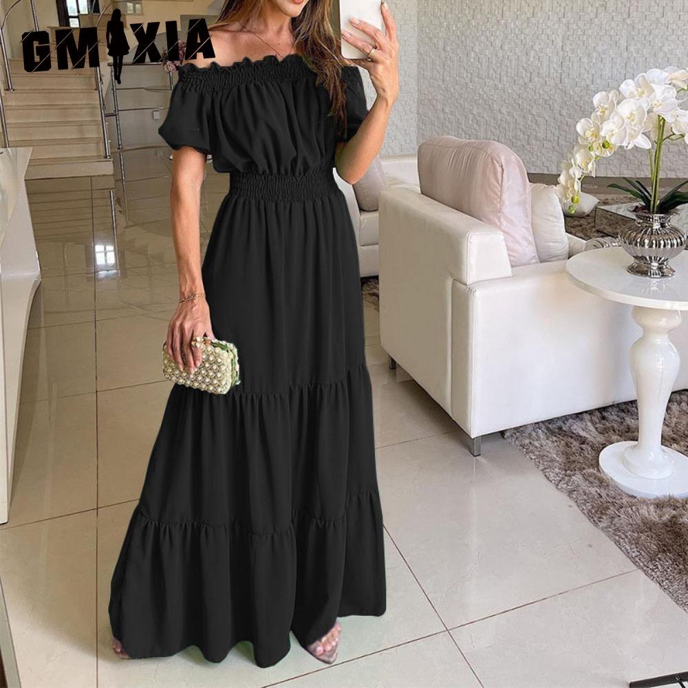 GMXIA Długa sukienka z odkrytymi plecami i elastyczną talią Popularny styl bohemy z odkrytymi ramionami