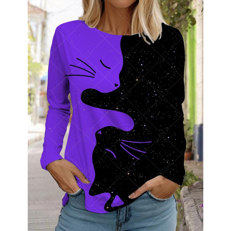 2024 Modedesign Dam T-shirts 3D-tryck Kawaii Kattgrafik Långärmad Rund hals Normal passform Vår/Höst Roliga Sportkläder
