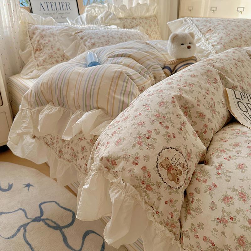 French Lace Bed Four-piece Set Pure Cotton Skin-friendly Comfortable Breathable Washed Bed Sheet Quilt Cover Pillowcase