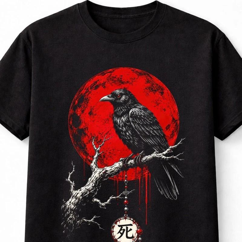 Raven Red Moon Japanese Horror Graphic Black Unisex TShirt S