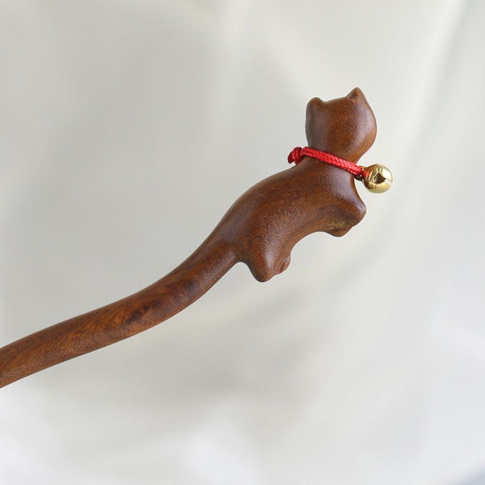 Wooden Chinese Hanfu Style Hair Clip Bell Cartoon Aniaml Hairpin Elegant Cat Hair Stick  Hanfu