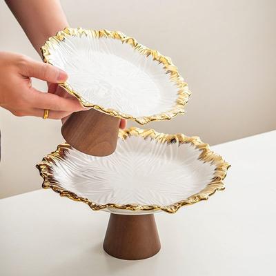 European-Style White Gold-Plated Ceramic Fruit Plate Home Wooden High-Foot Snack Candy Plate Dining Table Dessert Pastry Plate
