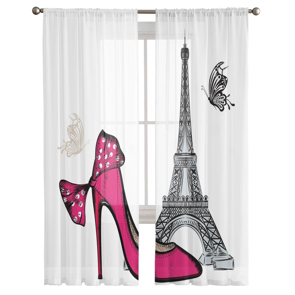 Rote High Heels Eiffelturm Schmetterling Tüll Vorhänge Für Schlafzimmer Moderne Voile Vorhänge Hause Dekoration Fenster Vorhänge
