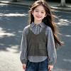 2026 Korean Style Girls' Puff Sleeve Plaid Three-Piece Set: Vest, Shirt, and Cowboy Cropped Pants
