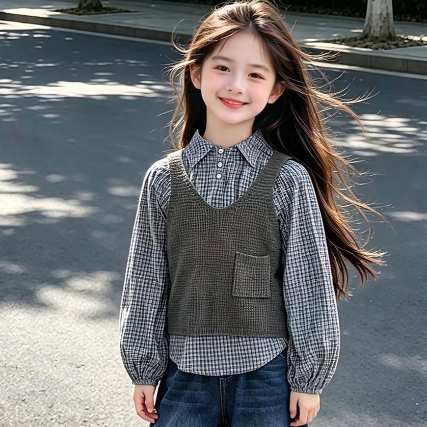 2026 Korean Style Girls' Puff Sleeve Plaid Three-Piece Set: Vest, Shirt, and Cowboy Cropped Pants