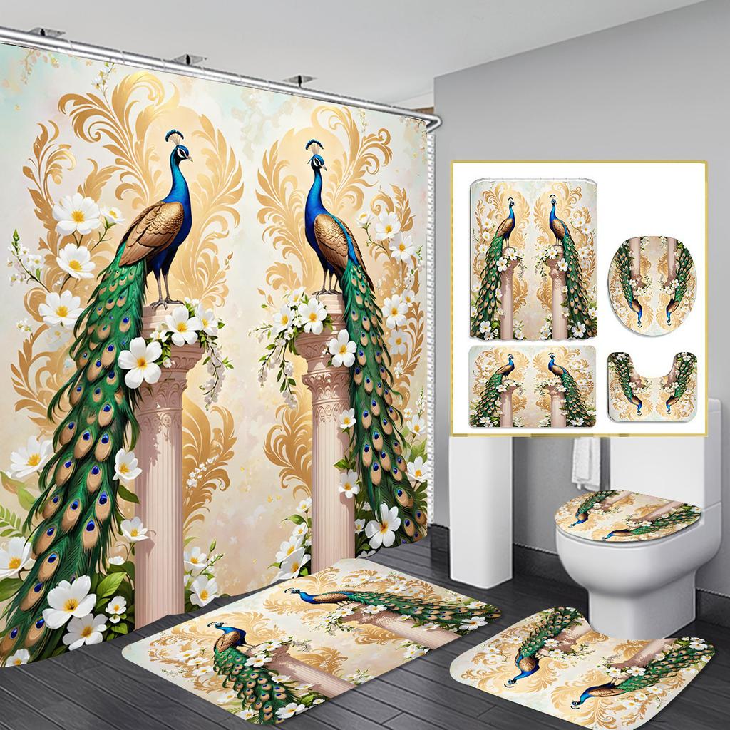 Christmas Shower Curtain Four-Piece Non-Punching Partition Curtain Digital Printing Bathroom Decoration Curtain
