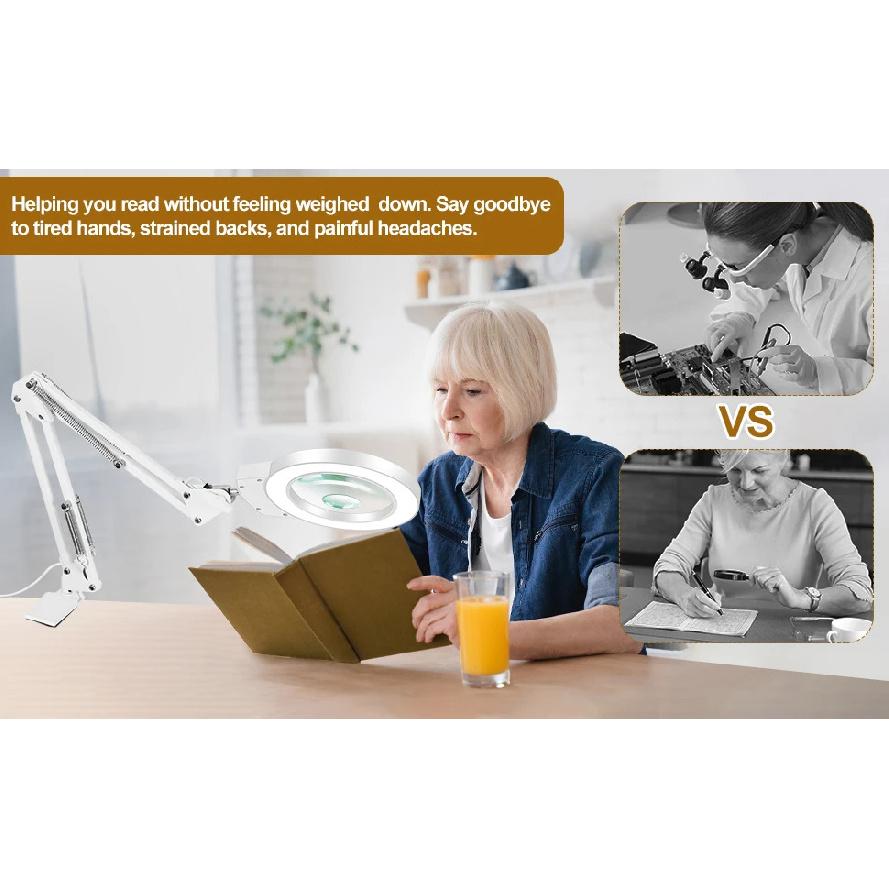 Long Swing Arms 5X/10X Magnifying Glass Lamp with 5 Color Adjust LED Lights Reading Table Lamp for Welding Repair Close Work