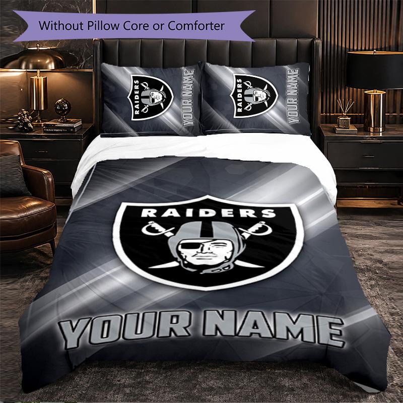 Las Vegas Raiders Customized Name Text Bedding Set, 1 Duvet Cover & 2 Pillowcases Personalized Bedroom Gift