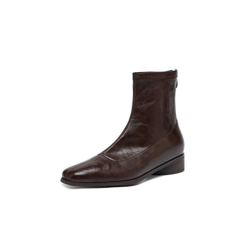 Korean version of square head rear zipper solid color medium boots women's medium heel large size women's boots autumn and winter leather rubber sole 