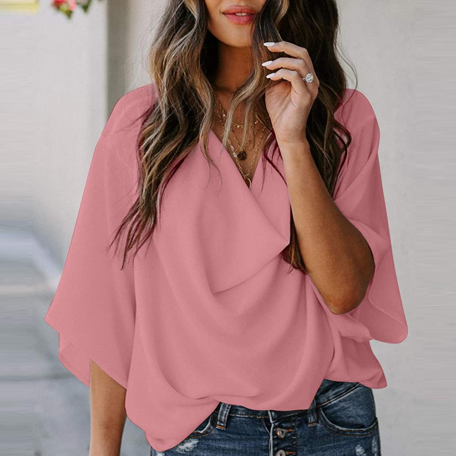 Women s Casual Color Pleated Hanging V-neck Flared Sleeve Loose Shirt Top M розовый